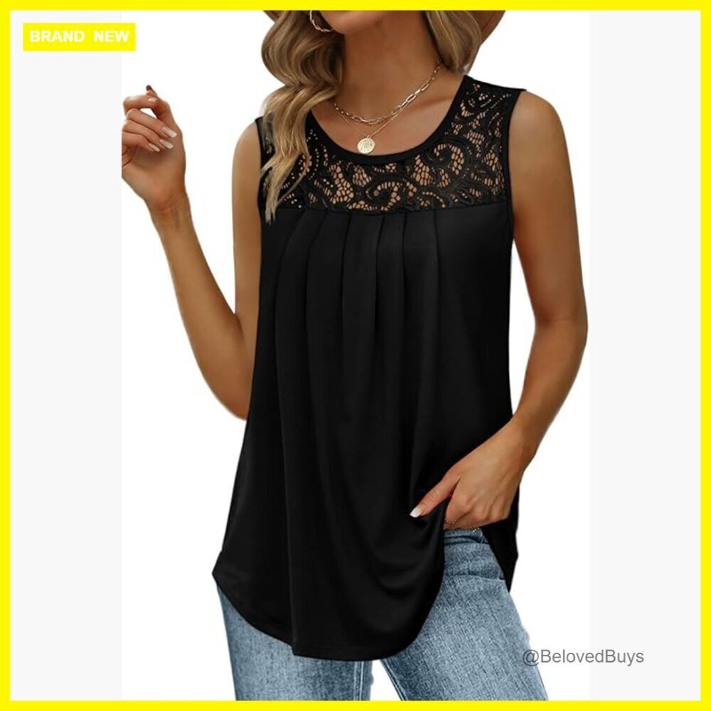 Loose Fit Pleated Tank Top Scoop Neck Lace Summer Tunic Flowy